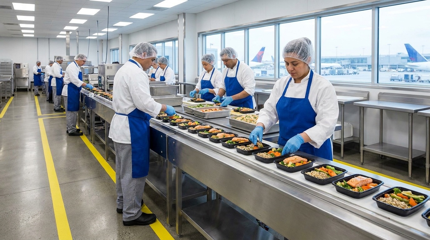 Tray assembly line inside the Borenstein flight kitchen at JFK, aircraft visible through the windows