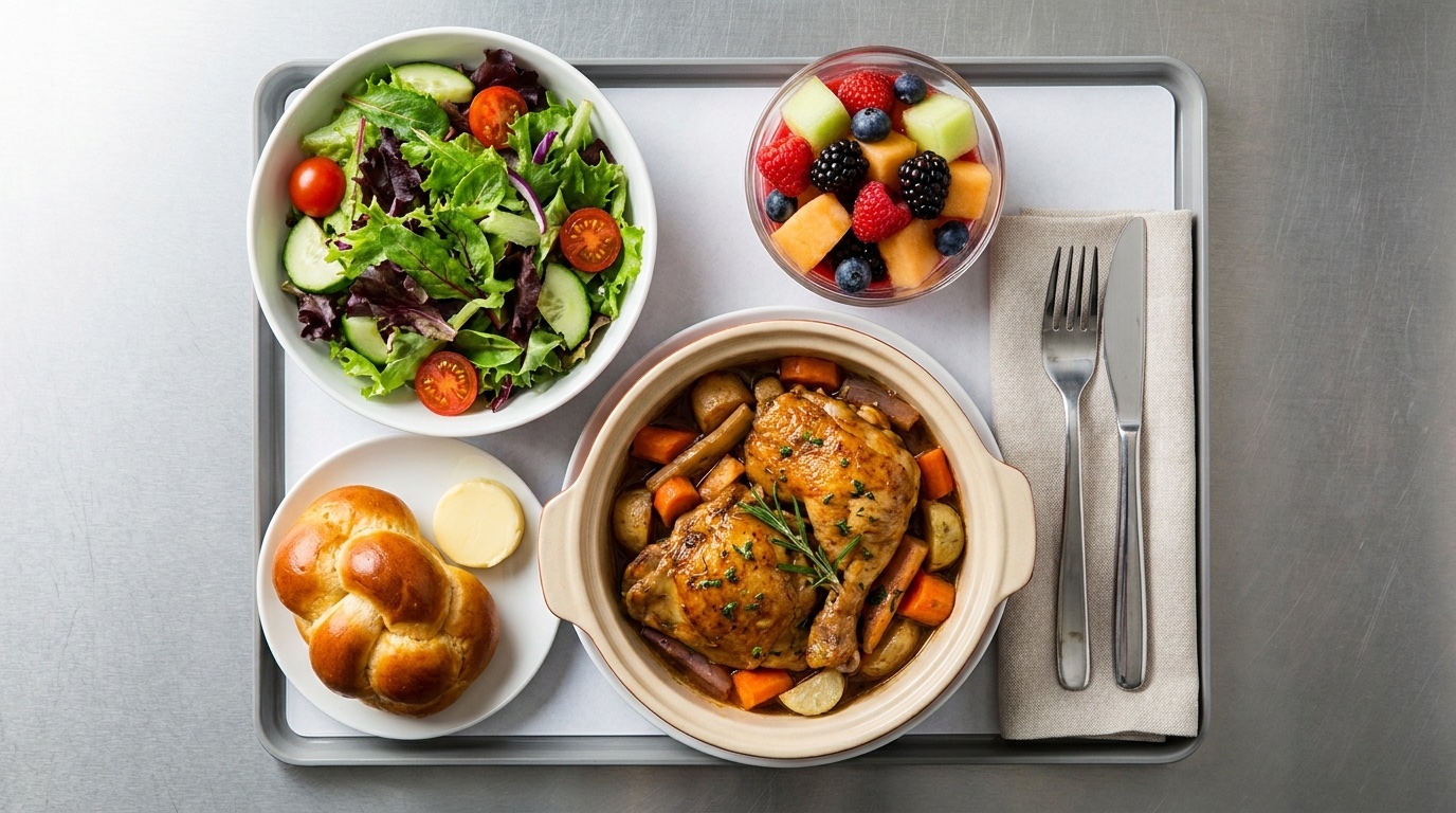 Overhead view of a fresh kosher meal tray: braised chicken, salad, fruit, and a challah roll