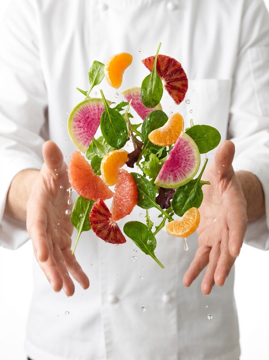 Chef's hands tossing citrus, watermelon radish, and greens mid-air